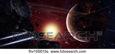 A stealth fighter en route to Hades, a ringed planet. View Large Illustration Stock Illustration - A stealth fighter en route to Hades, a ringed planet.. Fotosearch