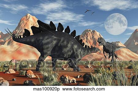 Stock Illustration - A Stegosaurus defending itself from an attacking Allosaurus.. Fotosearch