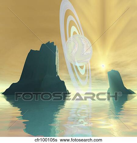 Stock Illustration - A striking sunburst on this cosmic seascape.. Fotosearch