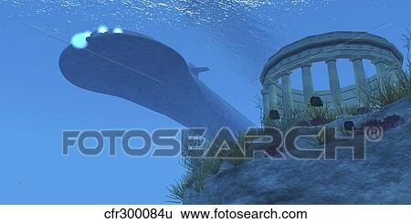 Stock Illustration - A submarine passes over a Greek temple ruin near a reef.. Fotosearch