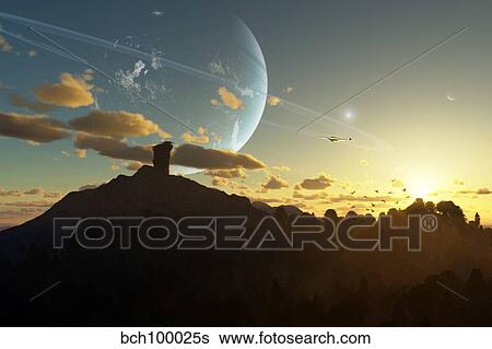 Stock Illustration - A sunset on a forested moon which orbits a heavily populated planet.. Fotosearch