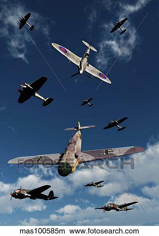 A Supermarine Spitfire attacking a Messerschmitt BF 109. View Large Illustration Stock Illustration - A Supermarine Spitfire attacking a Messerschmitt BF 109.. Fotosearch