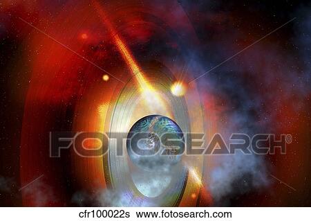 Stock Illustration - A supernova star explodes near a ringed planet.. Fotosearch
