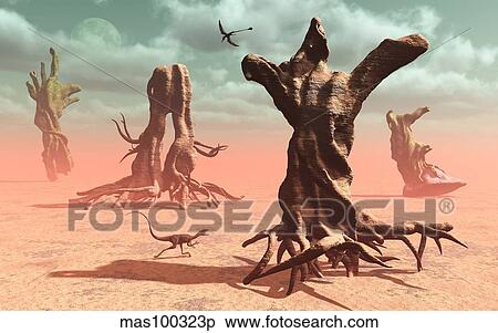 A surreal look at a petrified prehistoric forrest. View Large Illustration Stock Illustration - A surreal look at a petrified prehistoric forrest.. Fotosearch