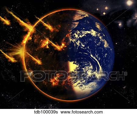 Stock Illustration - A swarm of deadly meteorites impact Earth on Armageddon day.. Fotosearch