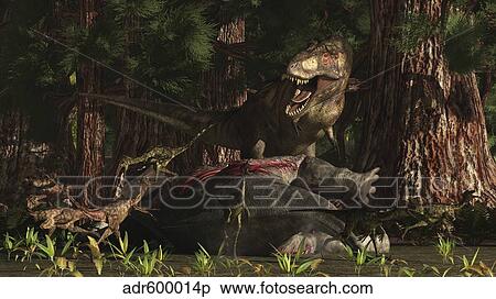 A T-Rex returns to his kill and finds some poaching raptors. View Large Illustration Stock Illustration - A T-Rex returns to his kill and finds some poaching raptors.. Fotosearch