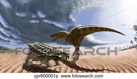Stock Illustration - A Tarbosaurus dinosaur and an armored Saichania ankylosaurid.. Fotosearch