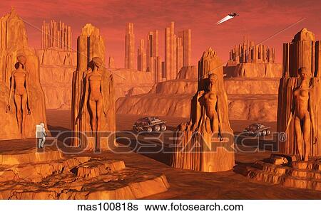 A team of explorers from Earth exploring Mars ancient monuments. View Large Illustration Stock Illustration - A team of explorers from Earth exploring Mars ancient monuments.. Fotosearch