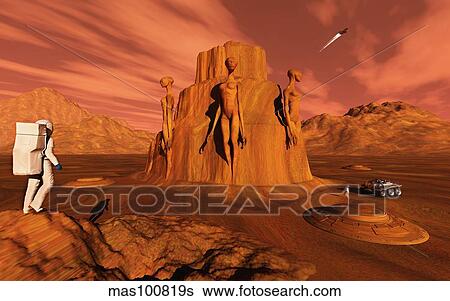 Stock Illustration - A team of explorers from Earth exploring Mars ancient monuments.. Fotosearch