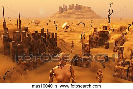 A team of robots gather the last of martian technology. View Large Illustration Stock Illustration - A team of robots gather the last of martian technology.. Fotosearch