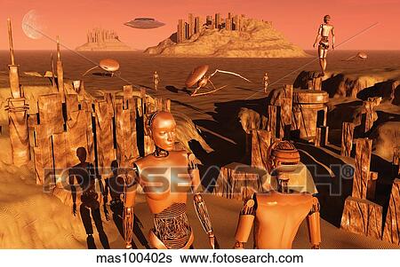 A team of robots gather the last of martian technology. View Large Illustration Stock Illustration - A team of robots gather the last of martian technology.. Fotosearch