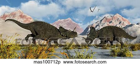 Stock Illustration - A territorial dispute between a pair of male Centrosaurus dinosaurs.. Fotosearch