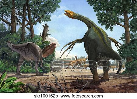 A Therizinosaurus prevents a young Tarbosaurus in his hunt for Gallimimus. View Large Illustration Stock Illustration - A Therizinosaurus prevents a young Tarbosaurus in his hunt for Gallimimus.. Fotosearch