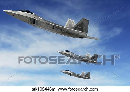 A three-ship formation of F-22 Raptors. View Large Photo Image Picture - A three-ship formation of F-22 Raptors.. Fotosearch