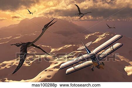 A Tiger Moth biplane passes through a flock of Quetzalcoatlus pterosaurs. View Large Illustration Stock Illustration - A Tiger Moth biplane passes through a flock of Quetzalcoatlus pterosaurs.. Fotosearch