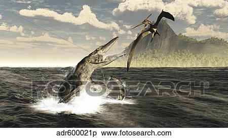 Stock Illustration - A Tylosaurus jumps out of the water, attacking a Pteranodon.. Fotosearch