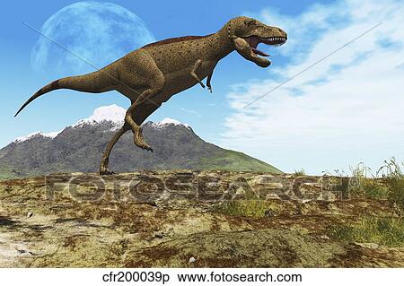 A Tyrannosaurus Rex dinosaur walks through his territory. View Large Illustration Stock Illustration - A Tyrannosaurus Rex dinosaur walks through his territory.. Fotosearch