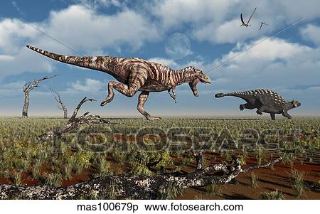 Stock Illustration - A Tyrannosaurus Rex giving chase to an Ankylosaurus.. Fotosearch