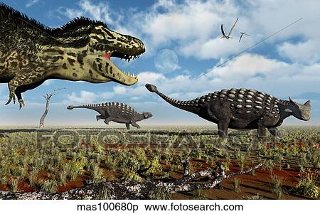 A Tyrannosaurus Rex hunting down a pair of Ankylosaurus dinosaurs. View Large Illustration Stock Illustration - A Tyrannosaurus Rex hunting down a pair of Ankylosaurus dinosaurs.. Fotosearch