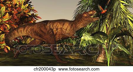 Stock Illustration - A Tyrannosaurus Rex runs after a beautiful Cuban Red Macaw.. Fotosearch