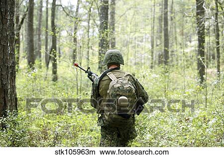 A U. S. Marine patrols through a forest during a field exercise. View Large Photo Image Picture - A U. S. Marine patrols through a forest during a field exercise.. Fotosearch