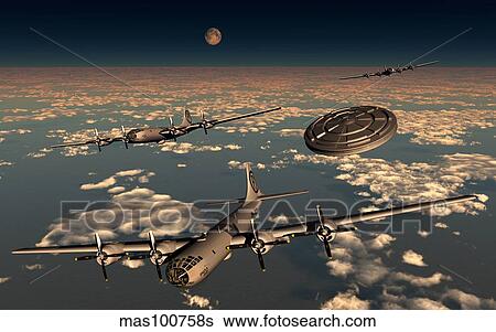 Stock Illustration - A UFO buzzing a group of B-29 Superfortress aircraft.. Fotosearch