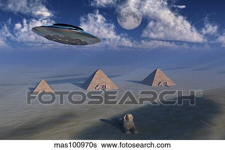 A UFO flying over the Giza Plateau in Egypt. View Large Illustration Stock Illustration - A UFO flying over the Giza Plateau in Egypt.. Fotosearch