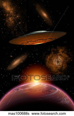A UFO on its journey through the vastness of our galaxy. View Large Illustration Stock Illustration - A UFO on its journey through the vastness of our galaxy.. Fotosearch