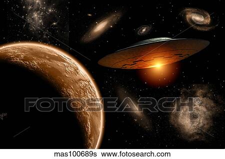 A UFO on its journey through the vastness of our galaxy. View Large Illustration Stock Illustration - A UFO on its journey through the vastness of our galaxy.. Fotosearch