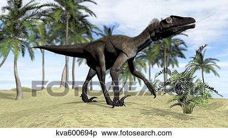 Stock Illustration - A Utahraptor walking in a tropical environment.. Fotosearch