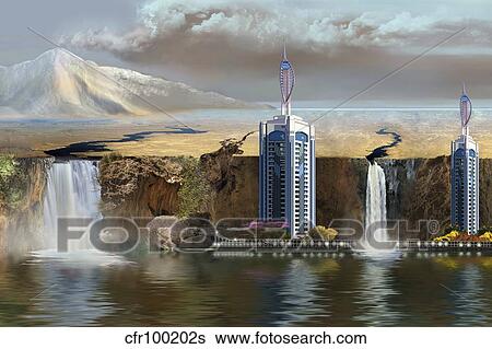 Stock Illustration - A vacation spot is threatened by an erupting volcano.. Fotosearch