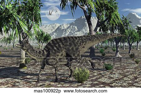 Stock Illustration - A Velafrons hadrosaurid dinosaur from the Cretaceous Period.. Fotosearch