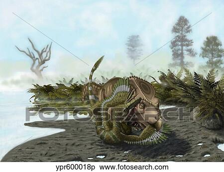 Stock Illustration - A Velociraptor attacks a Protoceratops.. Fotosearch