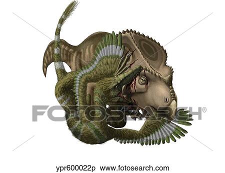 Stock Illustration - A Velociraptor attacks a Protoceratops.. Fotosearch
