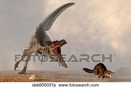 A velociraptor chasing a rat sized mammal. View Large Illustration Stock Illustration - A velociraptor chasing a rat sized mammal.. Fotosearch