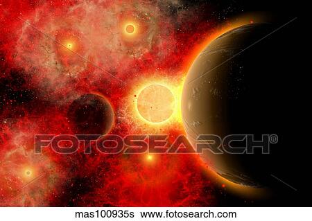 A vibrant star cluster with alien planets in orbit. View Large Illustration Stock Illustration - A vibrant star cluster with alien planets in orbit.. Fotosearch
