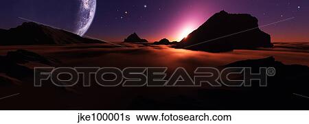 A view of an alien sunset from high above the clouds. View Large Illustration Stock Illustration - A view of an alien sunset from high above the clouds.. Fotosearch