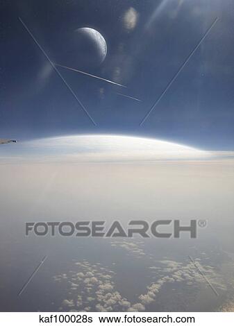 A view of two moons and meteroites from a passenger aircraft window. View Large Illustration Stock Illustration - A view of two moons and meteroites from a passenger aircraft window.. Fotosearch