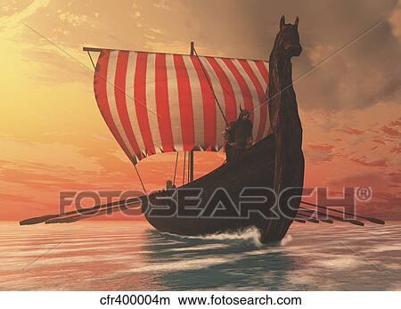 A Viking longboat sails to new shores. View Large Illustration Stock Illustration - A Viking longboat sails to new shores.. Fotosearch