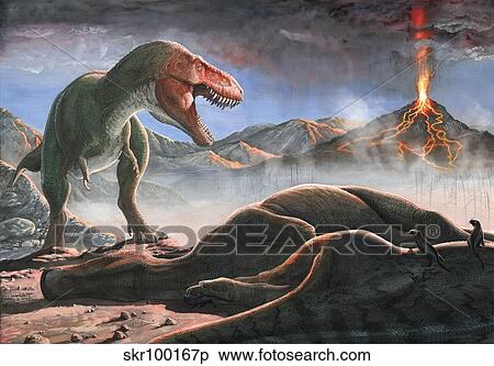 A volcanic eruption destroys the hunting grounds of Tyrannosaurus Rex. View Large Illustration Stock Illustration - A volcanic eruption destroys the hunting grounds of Tyrannosaurus Rex.. Fotosearch
