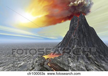 A volcano bursts forth with hot lava and billowing smoke. View Large Illustration Stock Illustration - A volcano bursts forth with hot lava and billowing smoke.. Fotosearch
