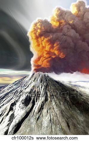 A volcano comes to life with billowing smoke. View Large Illustration Stock Illustration - A volcano comes to life with billowing smoke.. Fotosearch