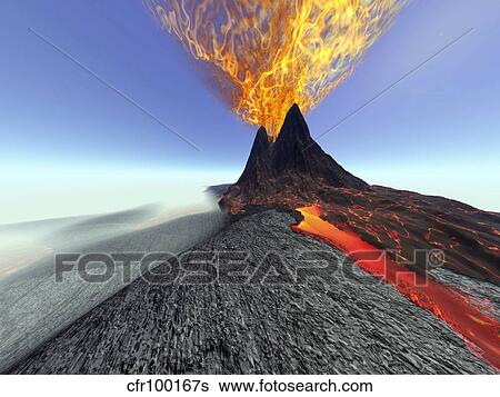 A volcano comes to life with fire, smoke and lava. View Large Illustration Stock Illustration - A volcano comes to life with fire, smoke and lava.. Fotosearch