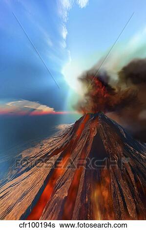 Stock Illustration - A volcano comes to life with smoke and lava.. Fotosearch
