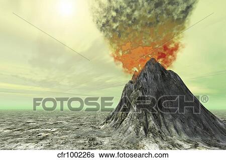 Stock Illustration - A volcano comes to life with smoke, ash and fire.. Fotosearch