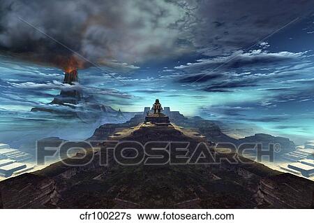 A volcano erupts near an ancient Mayan temple. View Large Illustration Stock Illustration - A volcano erupts near an ancient Mayan temple.. Fotosearch