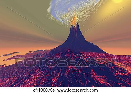 A volcano erupts with smoke, fire and lava. View Large Illustration Stock Illustration - A volcano erupts with smoke, fire and lava.. Fotosearch