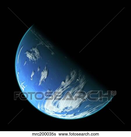 A water covered world in deep space illuminated by a it's parent star. View Large Illustration Stock Illustration - A water covered world in deep space illuminated by a it's parent star.. Fotosearch