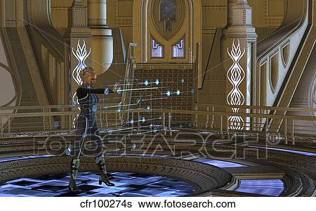Stock Illustration - A woman in military uniform using a holographic control center.. Fotosearch