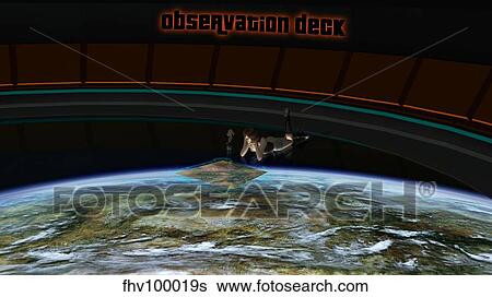A woman studies the world beneath her on the observation deck of a space station. View Large Illustration Stock Illustration - A woman studies the world beneath her on the observation deck of a space station.. Fotosearch